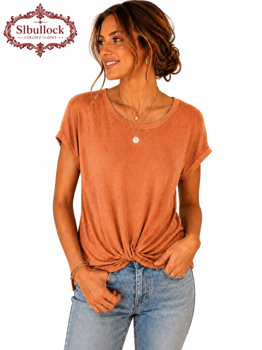 Jane & Delancey Orange Twist Front Rib Knit Stretch Top Relaxed Fit Boutique NWT